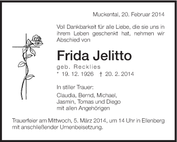 Traueranzeige von Frida Jelitto von Schwäbische Post