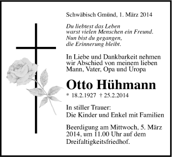 Traueranzeige von Otto Hühmann von Gmünder Tagespost