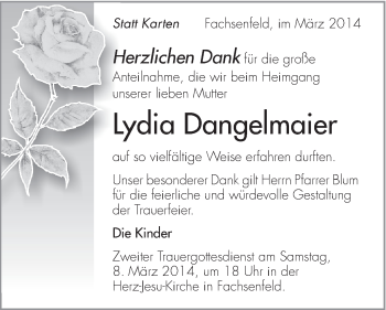 Traueranzeige von Lydia Dangelmaier von Schwäbische Post