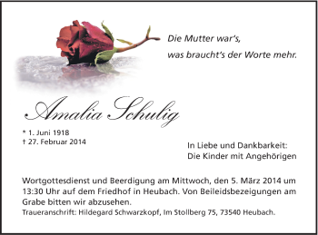 Traueranzeige von Amalia Schulig von Gmünder Tagespost