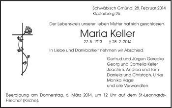 Traueranzeige von Maria Keller von Gmünder Tagespost
