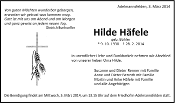 Traueranzeige von Hilde Häfele von Schwäbische Post