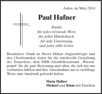 Traueranzeige von Paul Hafner von Schwäbische Post