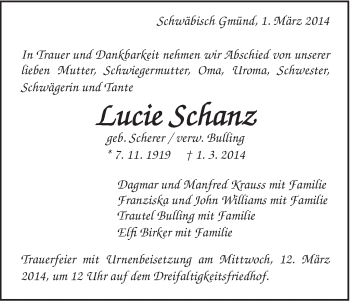 Traueranzeige von Lucie Schanz von Gmünder Tagespost