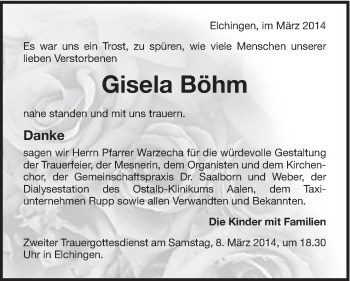 Traueranzeige von Gisela Böhm von Schwäbische Post