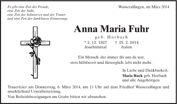 Traueranzeige von Anna Maria Fuhr von Schwäbische Post