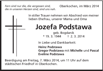Traueranzeige von Jozefa Podstawa von Schwäbische Post