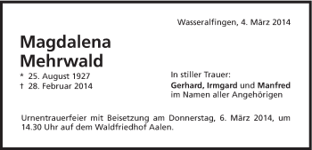 Traueranzeige von Madalena Mehrwald von Schwäbische Post