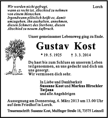 Traueranzeige von Gustav Kost von Gmünder Tagespost