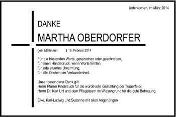 Traueranzeige von Martha Oberdorfer von Schwäbische Post