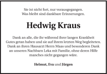 Traueranzeige von Hedwig Kraus von Schwäbische Post