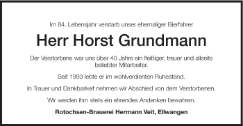Traueranzeige von Horst Grundmann von Schwäbische Post