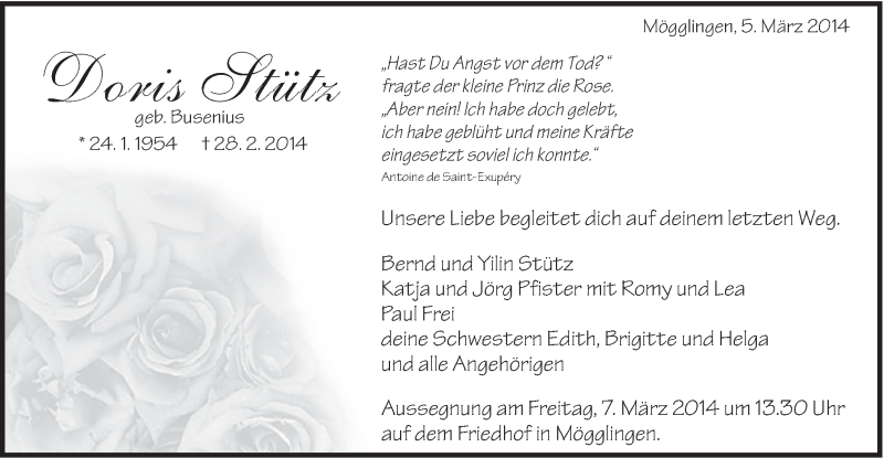  Traueranzeige für Doris Stütz vom 05.03.2014 aus Gmünder Tagespost