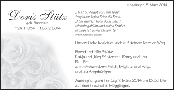 Traueranzeige von Doris Stütz von Gmünder Tagespost