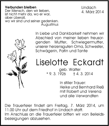 Traueranzeige von Lieselotte Eckardt von Gmünder Tagespost