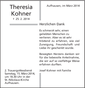 Traueranzeige von Theresia Kohner von Schwäbische Post