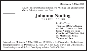 Traueranzeige von Johanna Nuding von Gmünder Tagespost