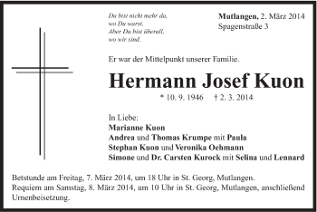 Traueranzeige von Hermann Josef Kuon von Gmünder Tagespost