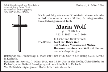Traueranzeige von Maria Wolf von Gmünder Tagespost