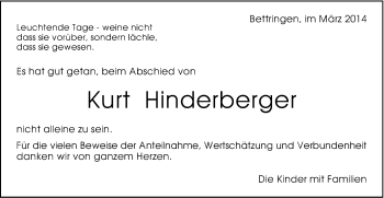 Traueranzeige von Kurt Hinderberger von Gmünder Tagespost