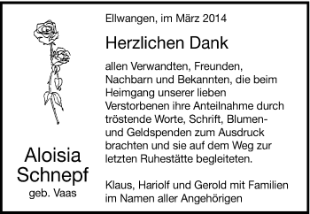 Traueranzeige von Aloisia Schnepf von Schwäbische Post