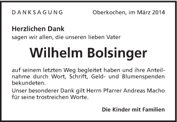Traueranzeige von Wilhelm Bolsinger von Schwäbische Post