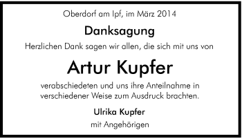 Traueranzeige von Artur Kupfer von Schwäbische Post