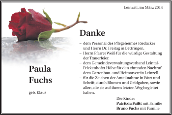 Traueranzeige von Paula Fuchs von Gmünder Tagespost
