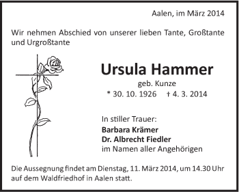 Traueranzeige von Ursula Hammer von Schwäbische Post