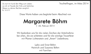 Traueranzeige von Margarete Böhm von Schwäbische Post
