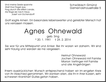 Traueranzeige von Agnes Ohnewald von Gmünder Tagespost