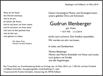 Traueranzeige von Gudrun Illenberger von Schwäbische Post