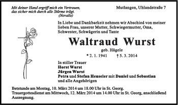 Traueranzeige von Waltraud Wurst von Gmünder Tagespost