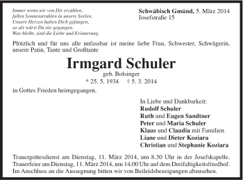 Traueranzeige von Irmgard Schuler von Gmünder Tagespost