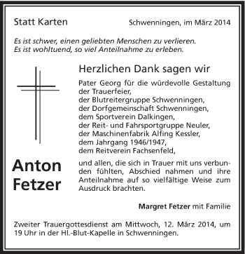 Traueranzeige von Anton Fetzer von Schwäbische Post