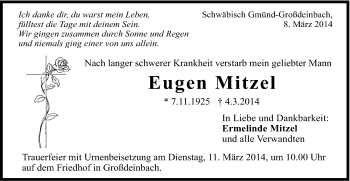 Traueranzeige von Eugen Mitzel von Gmünder Tagespost