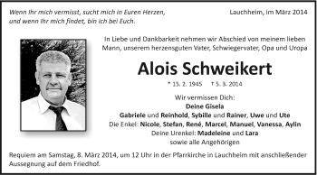 Traueranzeige von Alois Schweikert von Schwäbische Post