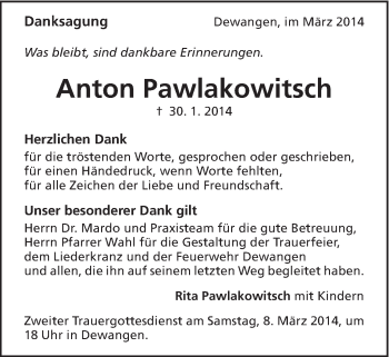 Traueranzeige von Anton Pawlakowitsch von Schwäbische Post