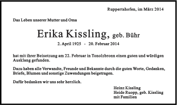 Traueranzeige von Erika Kissling von Gmünder Tagespost