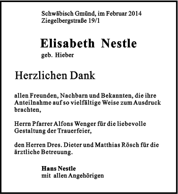 Traueranzeige von Elisabeth Nestle von Gmünder Tagespost