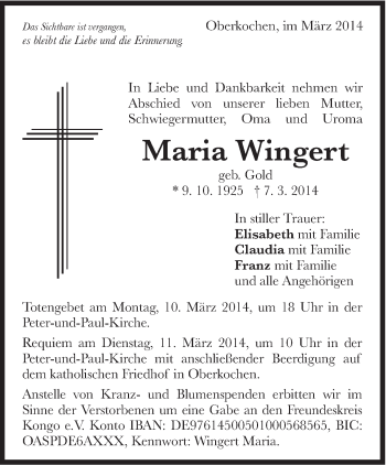 Traueranzeige von Maria Wingert von Schwäbische Post