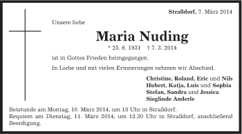 Traueranzeige von Maria Nuding von Gmünder Tagespost