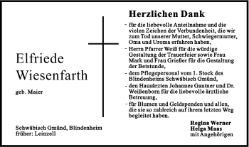 Traueranzeige von Elfriede Wiesenfarth von Gmünder Tagespost