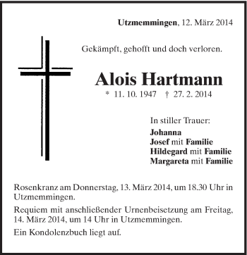 Traueranzeige von Alois Hartmann von Schwäbische Post