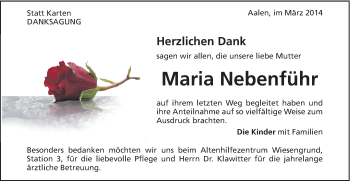 Traueranzeige von Maria Nebenführ von Schwäbische Post