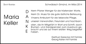 Traueranzeige von Maria Keller von Gmünder Tagespost