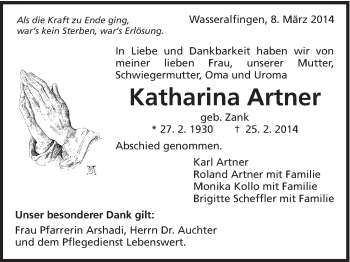 Traueranzeige von Katharina Artner von Schwäbische Post