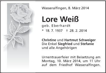 Traueranzeige von Lore Weiß von Schwäbische Post