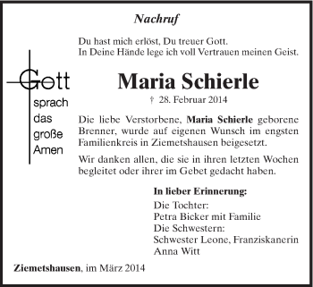 Traueranzeige von Maria Schierle von Schwäbische Post