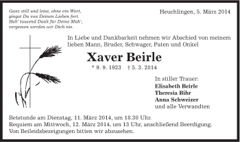 Traueranzeige von Xaver Beirle von Gmünder Tagespost